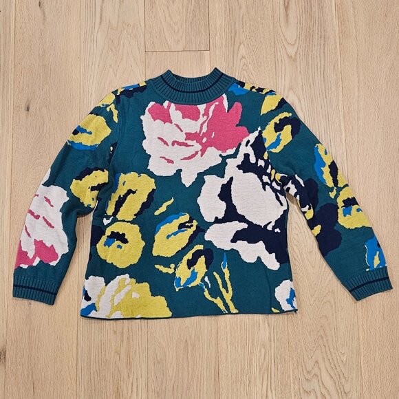 Anthropologie Laine Floral Knit Emerald Green Crew Neck Women's Sweater - Picture 1 of 5